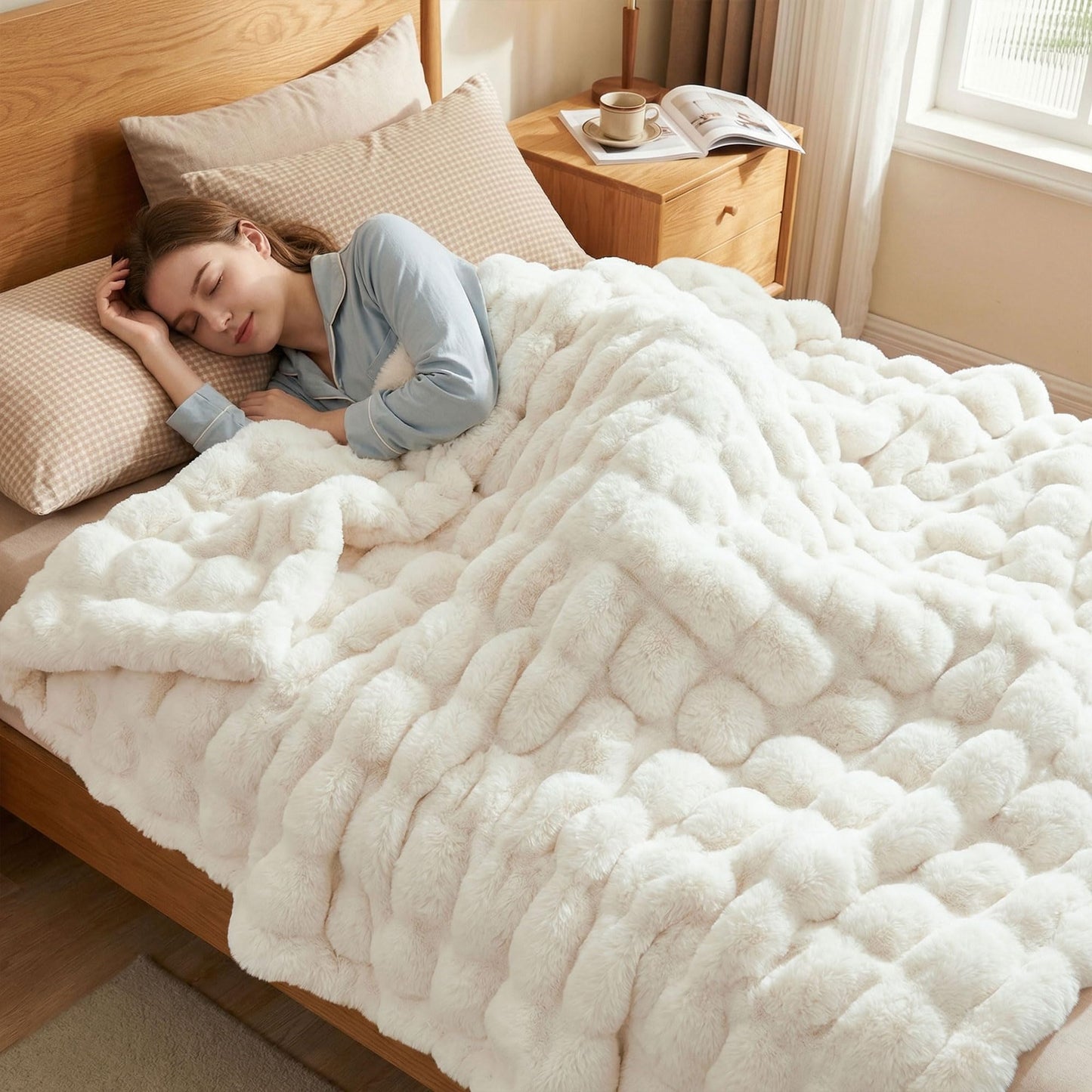 JONIYEAR Soft Fuzzy Bubble Faux Rabbit Fur Throw Blanket for Couch Chair 50" x 60", Reversible Textured Thick Warm Fluffy Blanket for Winter, Luxury Cozy Puffy Shaggy Comfy Furry Blankets, Cream White