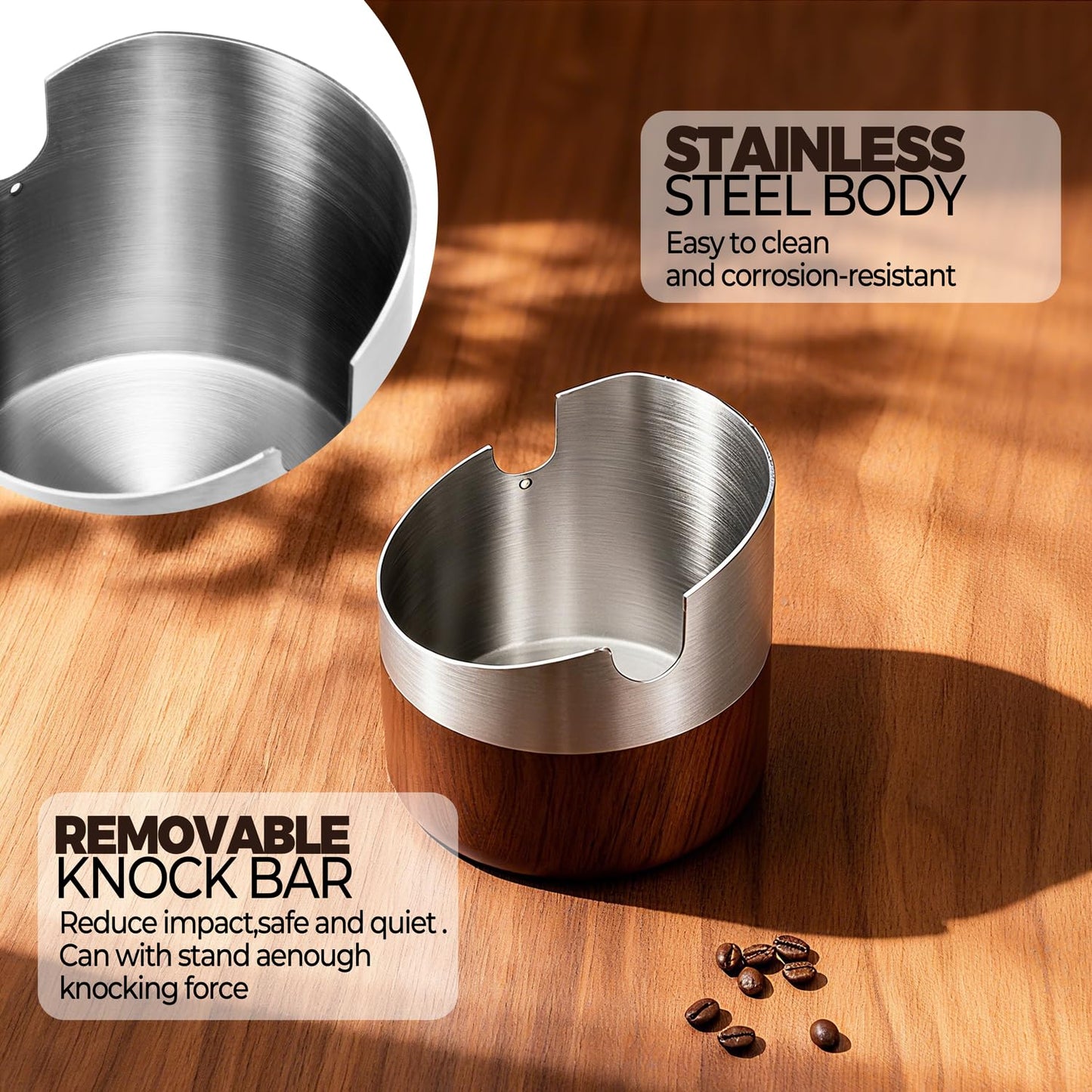 MUTEX Espresso Knock Box, Stainless Steel Coffee Grounds Knock Box with Removable Knock Bar, Non-Slip Rubber Base & Wood Bin - Dishwasher Safe Espresso Machine Accessory (2026 Version)