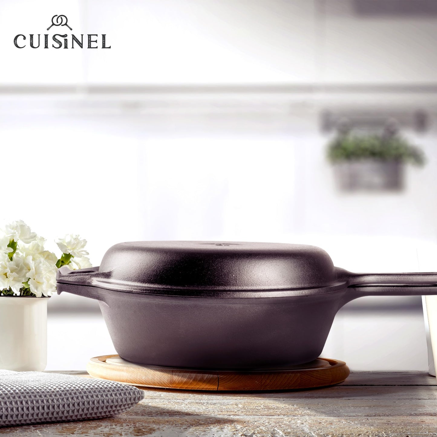 Cuisinel Cast Iron Skillet + Lid - 2-In-1 Multi Cooker - Deep Pot + Frying Pan - 3-Qt Dutch Oven - Pre-Seasoned Oven Cookware - Works for Bread, Indoor/Outdoor, Grill, Stovetop and Induction