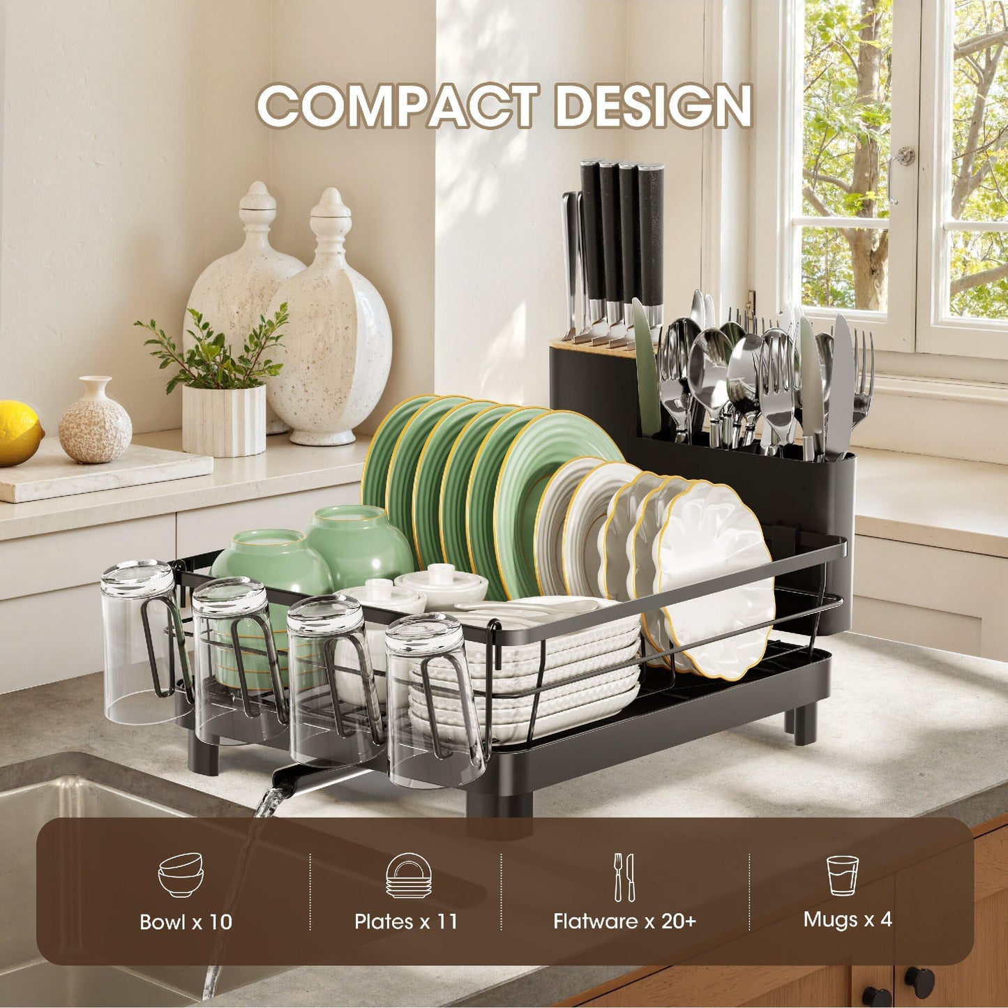 Runnatal Dish Drying Rack, Stainless Steel Dish Rack with Drainboard for Kitchen Counter and Sink, Large Capacity Dish Drainer, Detachable 2-in-1 Utensil Holder, Cup Holder, Black