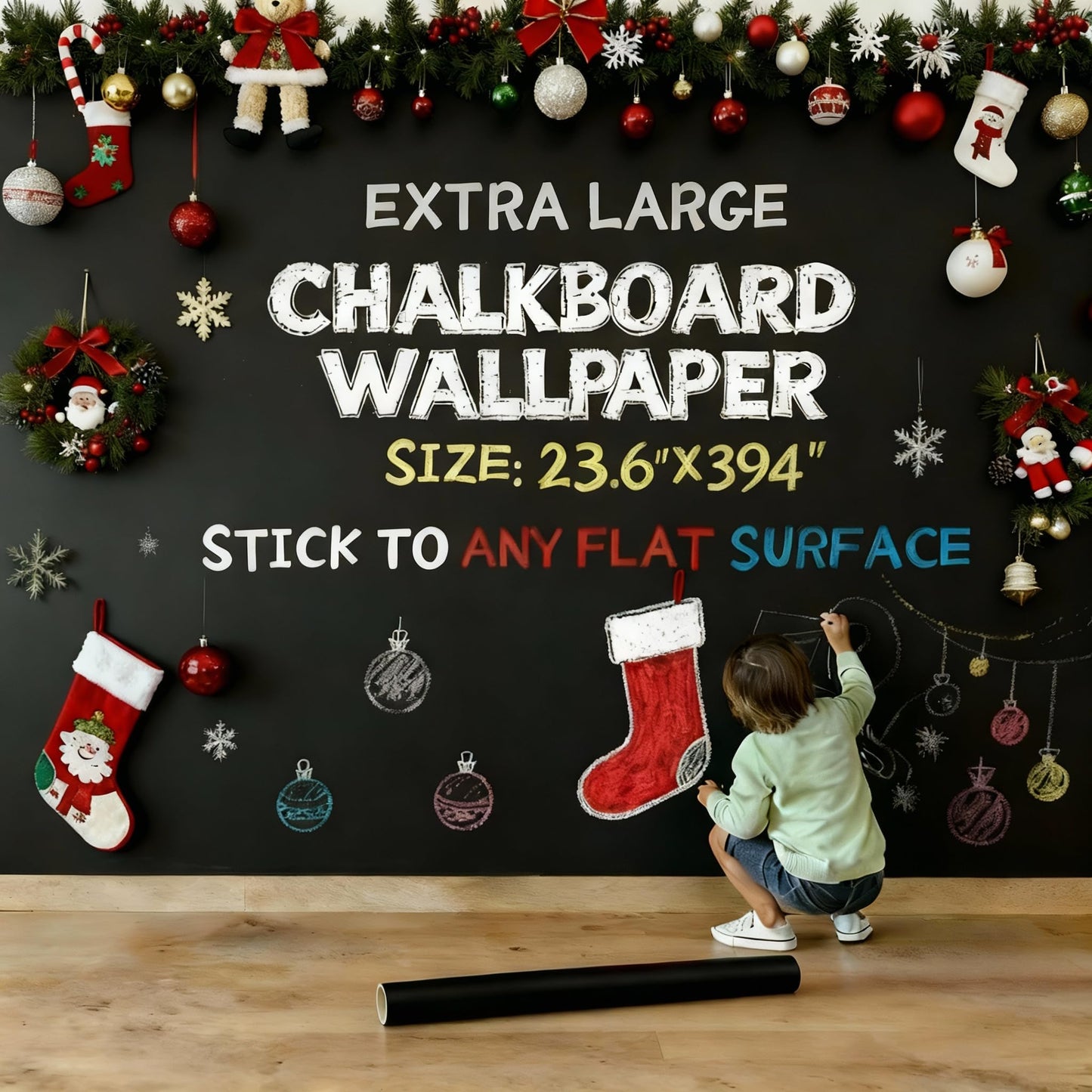 Oxdigi Extra Large Chalkboard Paper 23x394in Peel & Stick, Removable Blackboard Wall Decal for Kids Room, Easy Self Adhesive, Thick 0.3mm CPP Material