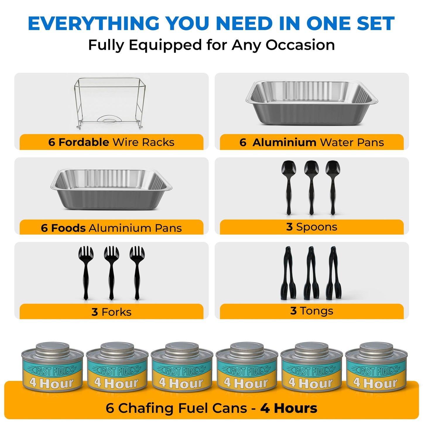 Disposable Chafing Dish Buffet Set – 6 Pack Half Size (Standard 10 3/8" x 12 3/4"), Patented Foldable Wire Racks, 4-Hour Fuel Cans, Aluminum Food & Water Pans, Serving Utensils, Reusable or Disposable