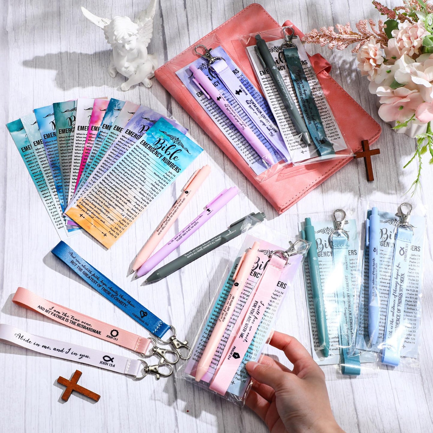 Sinload 50 Set Christian Gift Bulk Bible Emergency Numbers Bookmark with Silicone Keychains Scripture Quote Pen Religious Study Supplies for Father Day Church Bible Study Group (Watercolor)
