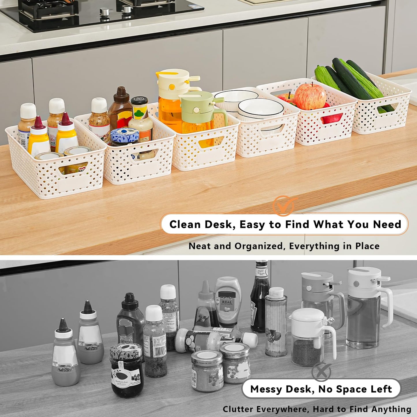 12 Pack Plastic Storage Baskets for Organizing, Storage Baskets for Shelves with Handles, Small Storage Bins with Labels, Organizer Baskets for Cabinet,Closet, Office