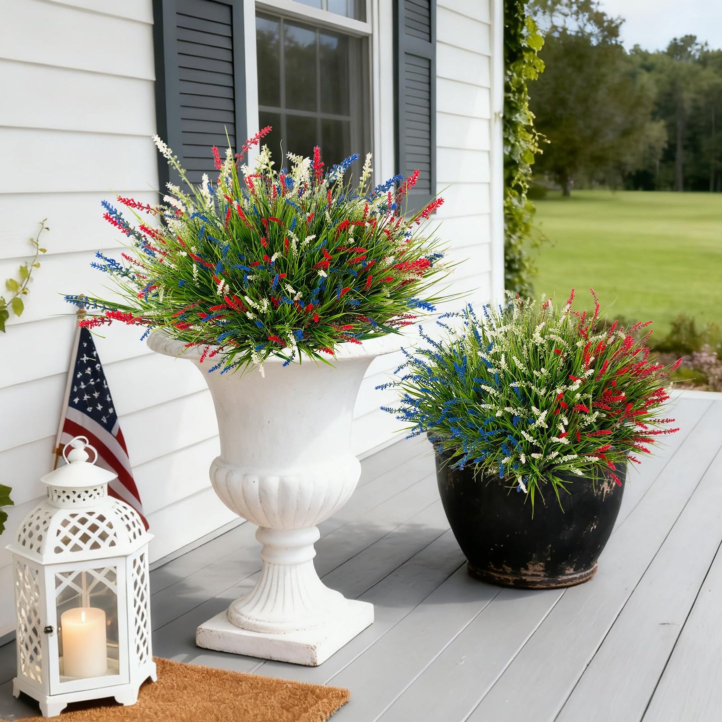 Ammyoo Artificial Faux Plants for Outdoor Spring Decoration, 12 Pcs Fake Monkey Grass for Garden Porch Balcony Planters, Fake Flowers Shrubs UV Resistant No Fade Plants Greenery Bush (Red Blue White)