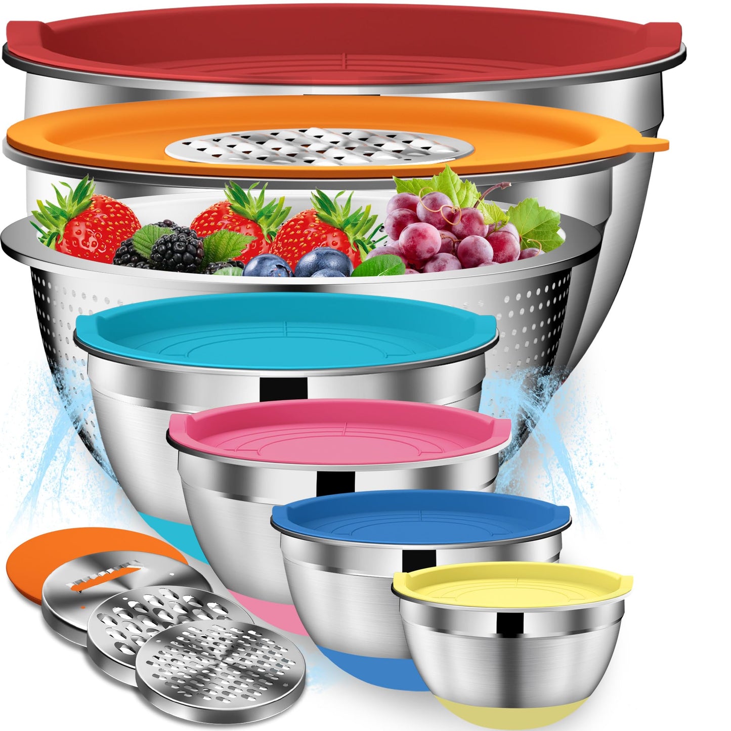 DUTZUN Mixing Bowls with Lids Set - 16pcs Stainless Steel Mixing Bowl Set with Colander, 3 Grater Attachments, Non-Slip Bottom, Metal Nesting Bowls with Strainer for Mixing & Serving - Multicolor