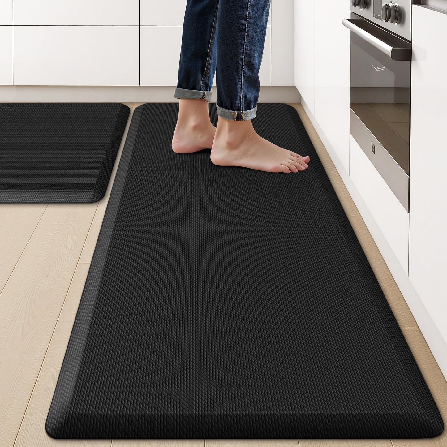 KitchenClouds 2PCS Kitchen Rugs Cushioned Anti-Fatigue Non-Slip Water Resistant Kitchen Mat Comfort Foam Standing Mat for Floor Office Sink Laundry (Black)