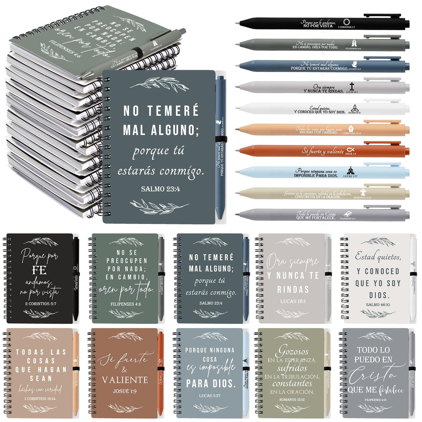 Kosiz 30 Set Fathers Day Spanish Christian Gift Bulk Spanish Bible Verse Pen Spiral Notebook Prayer Journal Regalos Cristianos En Español Religious Gift for Men Teacher Church (Morandi Color)