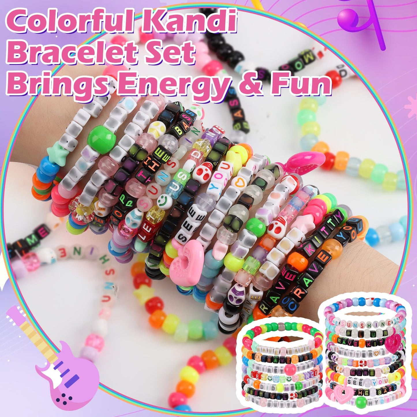 SMAODSGN 32Pcs Music Party Bracelets Set Glow In The Dark EDM Music Stretch Bracelets Multi Color Beaded Cuff Music Party Favor for Women Men Friends EDM Festival