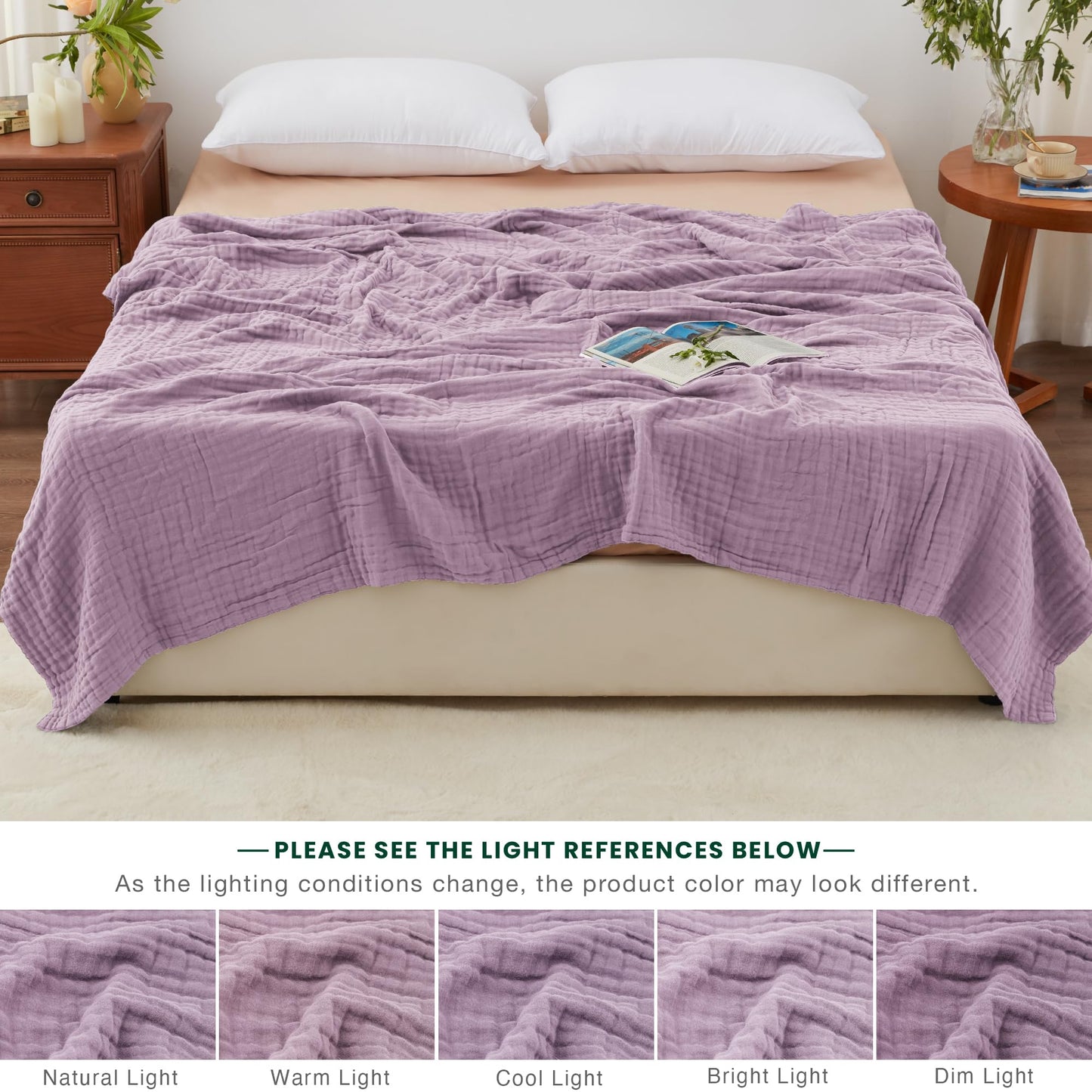 Love's cabin 100% Cotton Muslin Blanket, 6 Layer Lightweight Breathable Gauze Queen Size Blanket 90 x 90 Inches, Soft All Season Blanket for Bed, Lavender