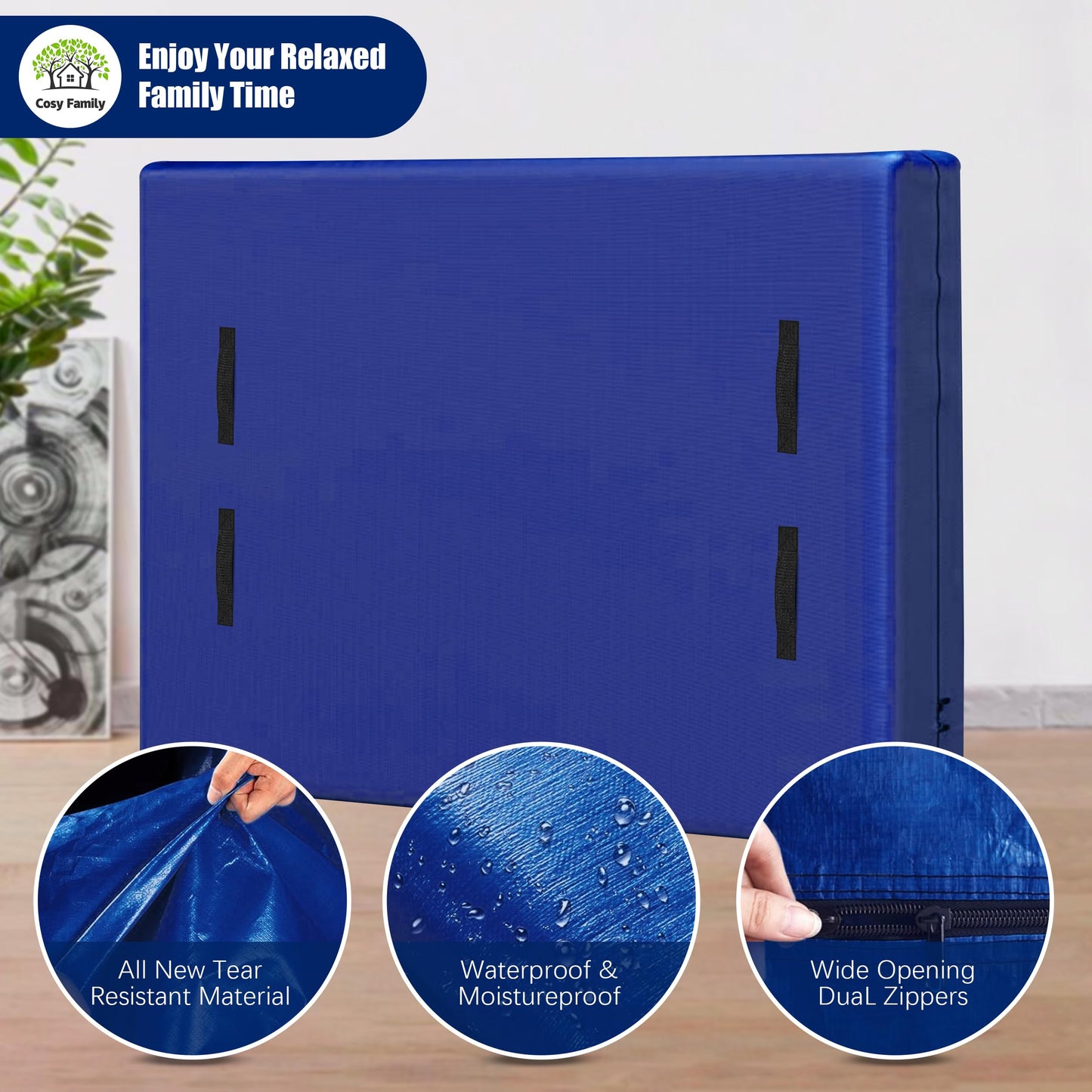 Cosy Family Mattress Bags for Moving with 8 Handles - 170GSM Extra-Thick Mattress Bag for Moving Supplies - Reusable Mattress Cover Protector Storage with Zipper, Blue, King