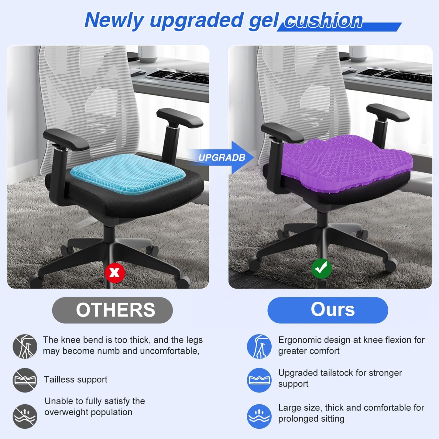 Airllantry Thicken 19.7in Seat Cushion, Gel Seat Cushion for Long Sitting–Office Chair, Wheelchair, Car Pad, Large Cooling Support Pad for Back Pain, Sciatica, Tailbone Pain Relief
