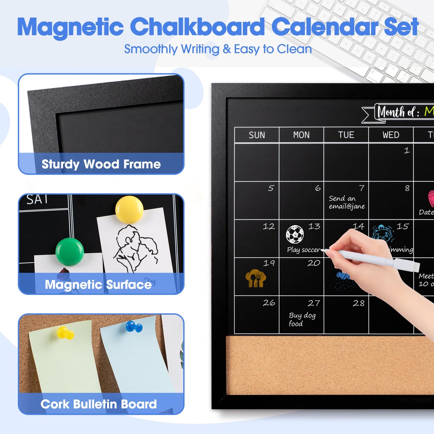 Board2by Monthly Chalkboard Calendar & Cork Board for Wall, 18" x 24" Magnetic Chalk Calendar Board Combo Board, Hanging Wood Frame Combination Board Blackboard with Pens for Office, School, Home