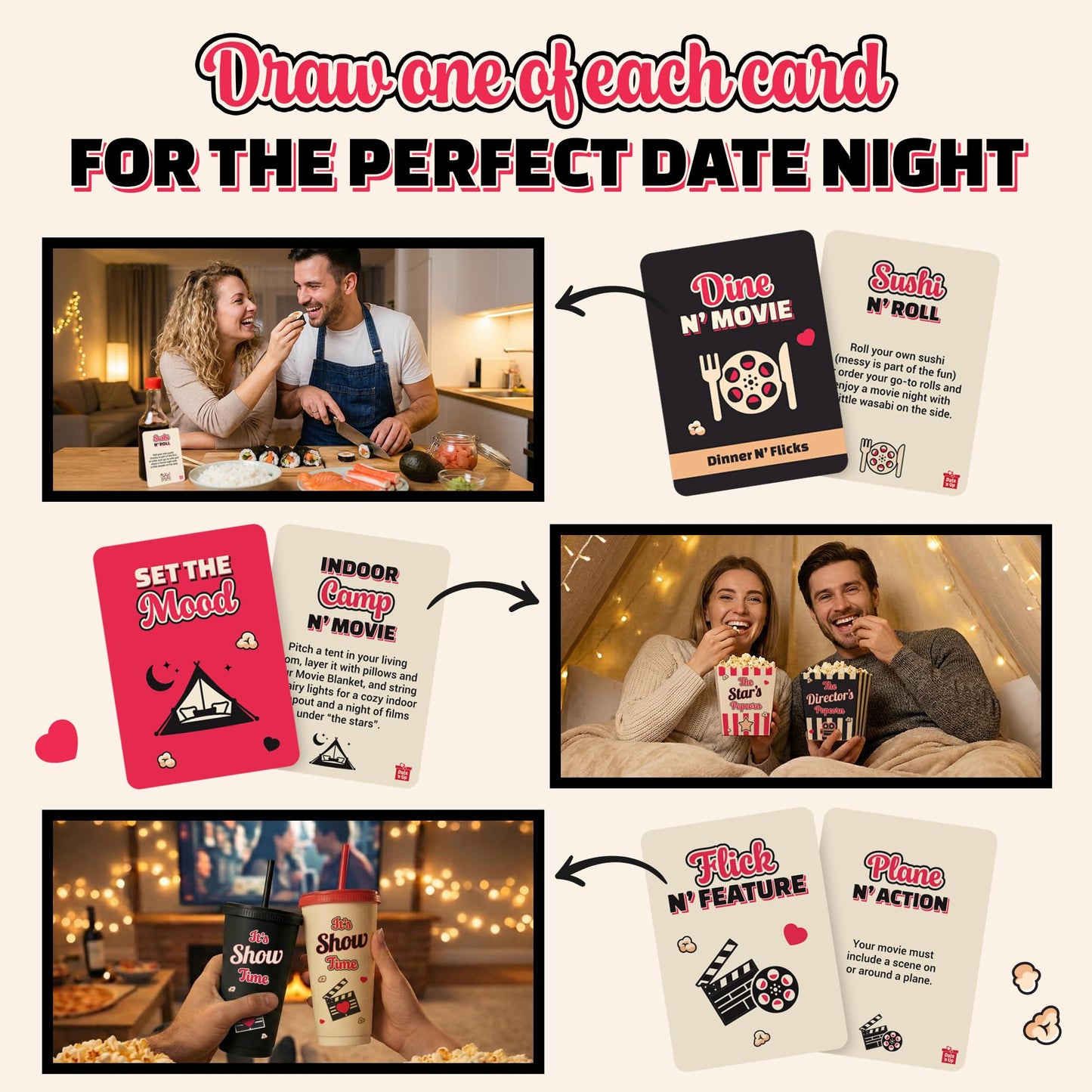 Movie Night Date Night Box for Couples, Perfect Valentines Day Gifts with Couples Blanket, Popcorn Bowl Buckets, Re-usable Cups, Date Night Generator Cards, Movie Genre Dice, Gifts for Movie Lovers