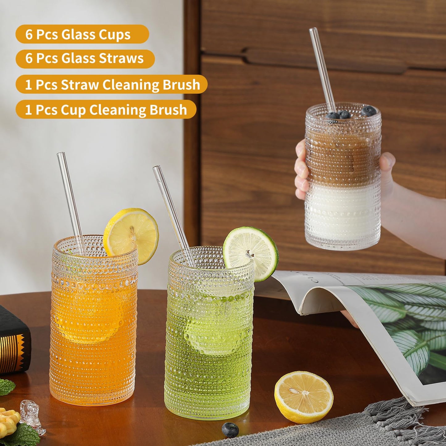 Akutaa Vintage Hobnail Drinking Glasses Set of 6, 16 oz Large Capacity Embossed Clear Tumblers, Highball Glasses for Water, Cocktail, Beer, Whiskey, Kitchen & Bar Use