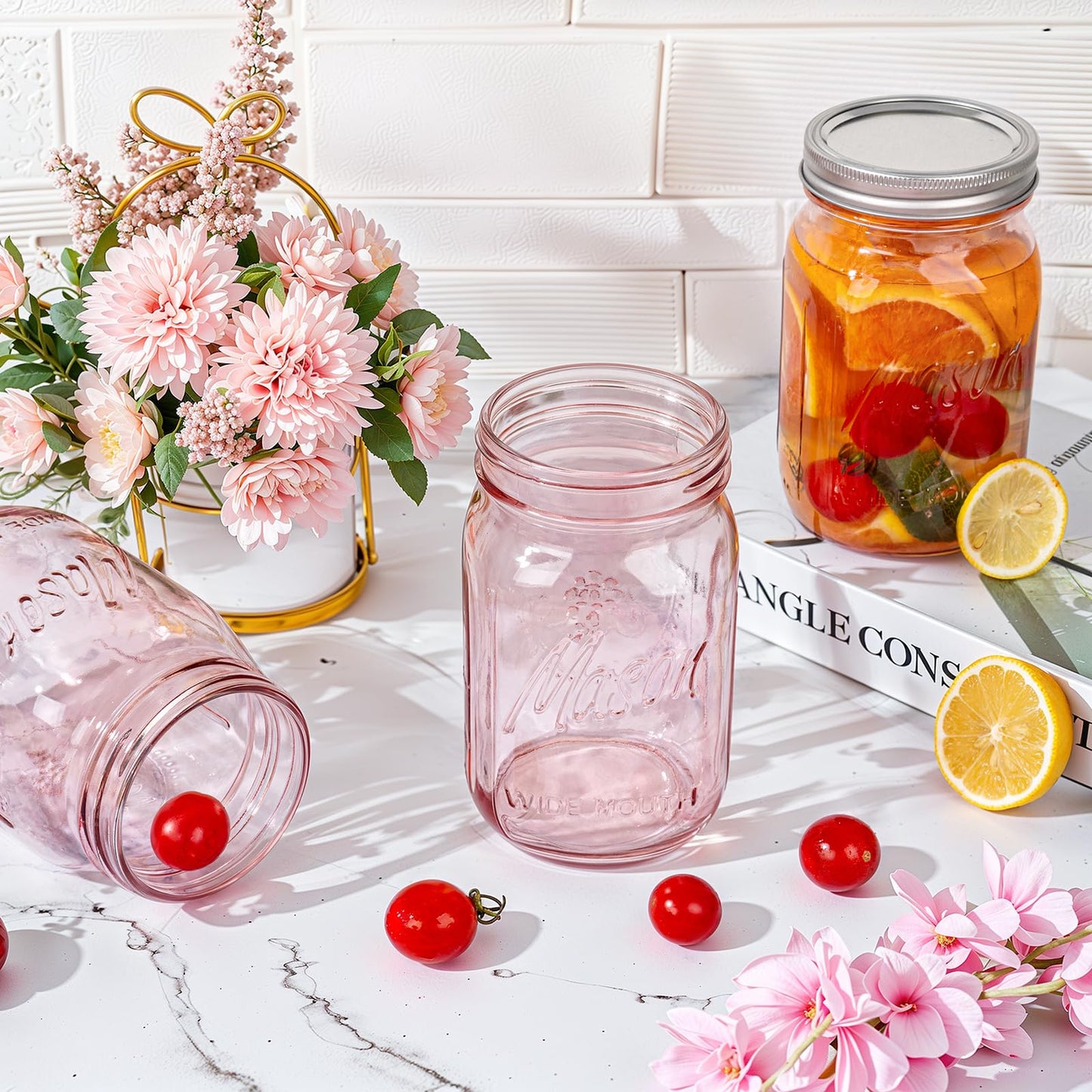 WELLIFE Pink Mason Jars 32 oz,6 Pack Wide Mouth Mason Jars for Safe Storage,Fermenting,Pickling,DIY,Crafts Decoration