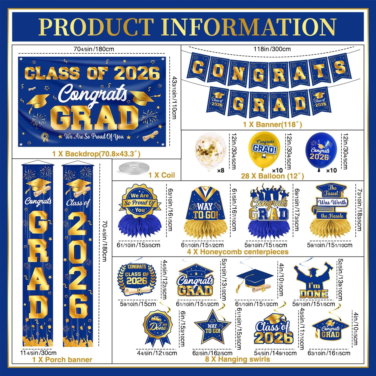 Graduation Decorations 2026 Blue and Gold Graduation Party Decor Set include Congrats Grad Banner Backdrop Class of 2026 Balloons Party Supplies