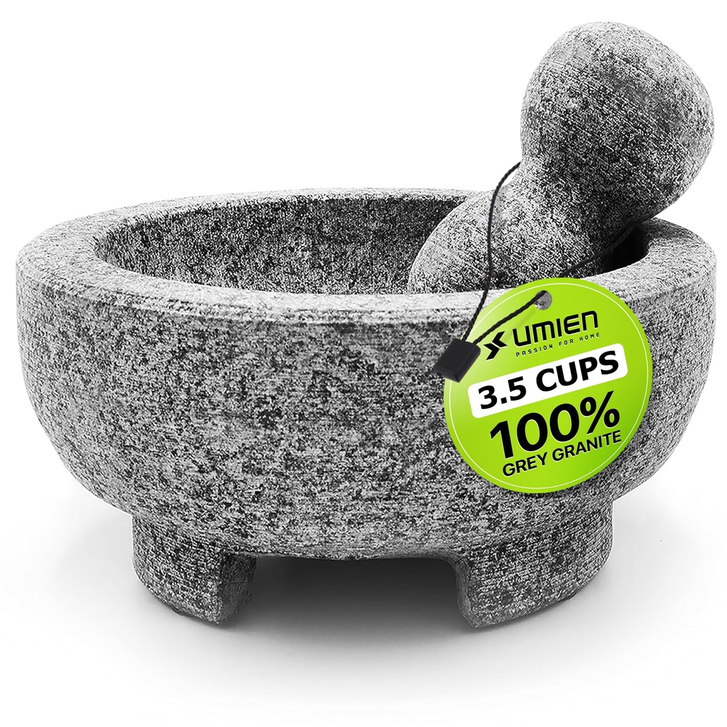 Umien Granite Mortar and Pestle Set - 8-Inch Natural Stone Molcajete with Avocado Tool - 3.5 Cup Capacity for Spices, Herbs, Pestos & Guacamole - Premium Kitchen Gift (Grey)