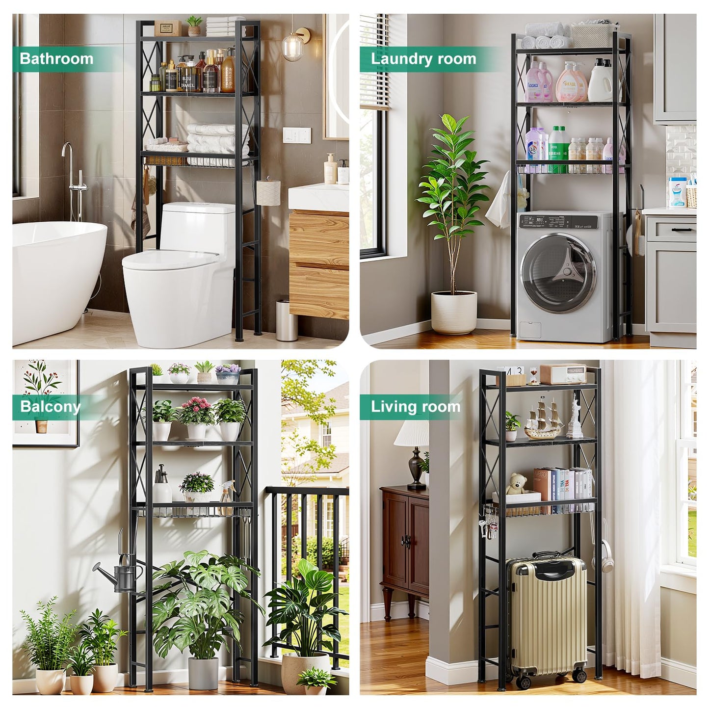 Kalrin Over The Toilet Storage with X Shape Side Guardrail, 3-Tier Over Toilet Storage Rack with Drain Basket, Freestanding Bathroom Organizer for Balcony Laundry, Pure Black