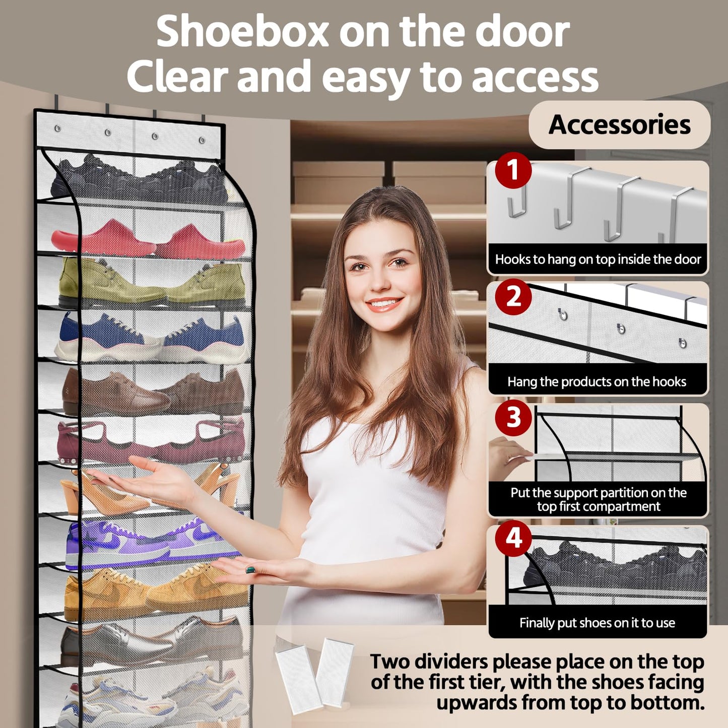 PAULONE 12 Pocket Over the Door Shoe Organizer,Reusable Breathable Large Mesh Bag Men's & Women's Sneaker Organizer,Shoe Organizer for Kids,Hanging Shoe Storage Hanging Bag (White)