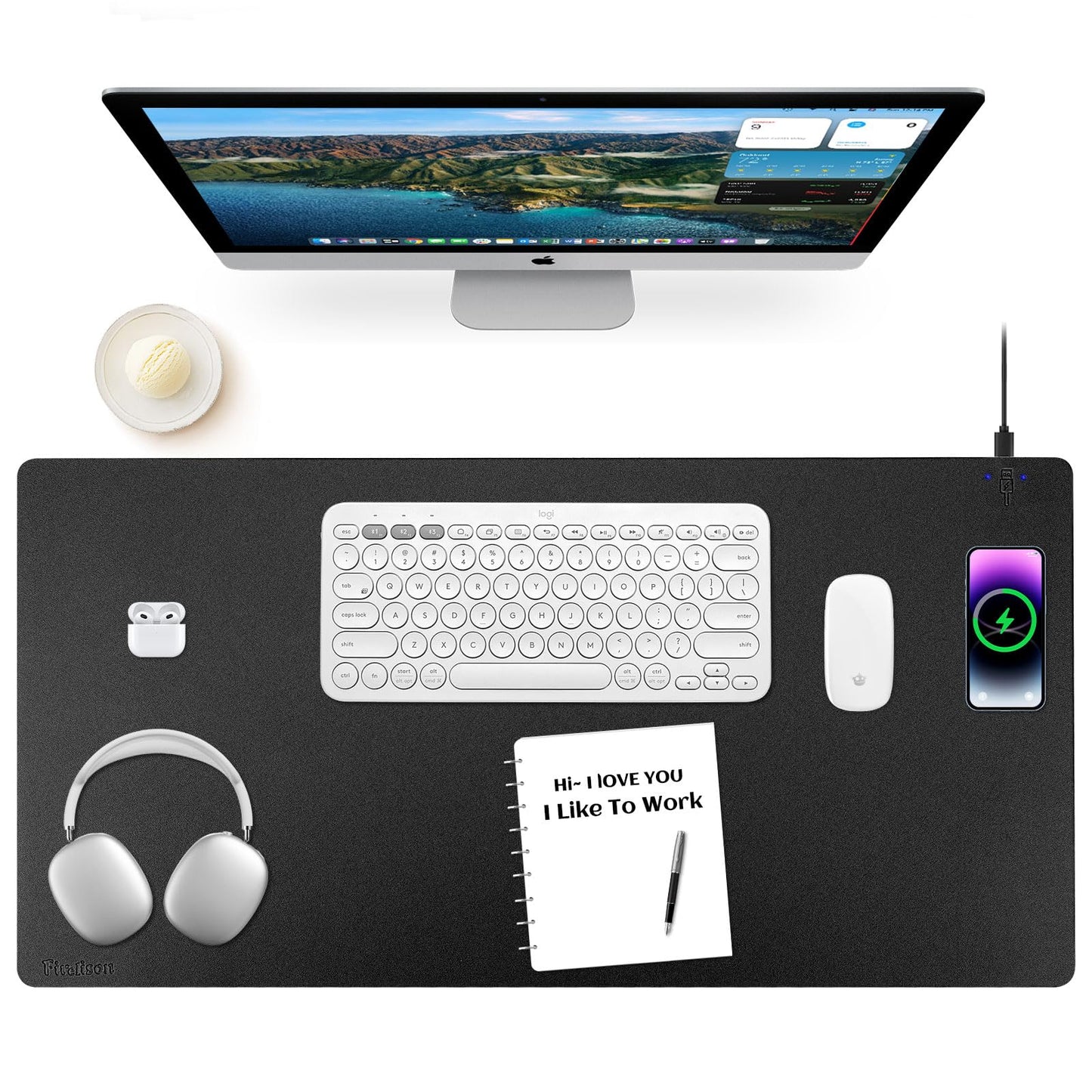 Wireless Charging Mouse Pad Firelison 2 in 1 Leather Multifunctional Office Desk Pad with Non-Slip Rubber Base, Waterproof Desk pad for Computers/Office/Work/Home/Decor（ 36" x 17"Black - R）
