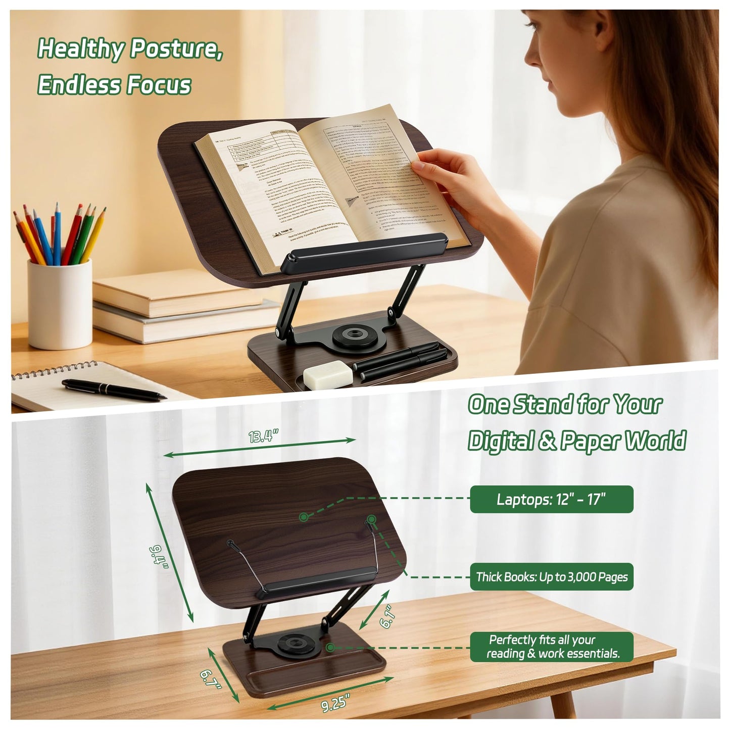 Siyoriot Book Stand for Reading, 360° Rotating Book Holder for Desk, Heavy Duty Bible Stand with Page Clips, Adjustable Height for Thick Textbooks, Cookbooks, Music Book
