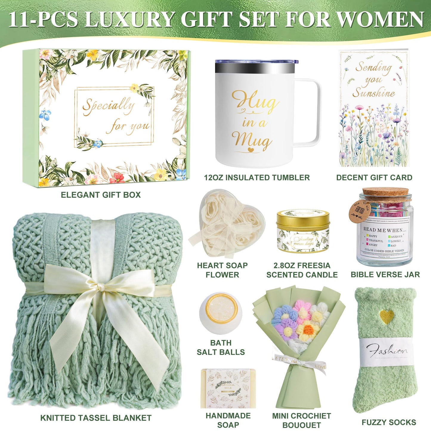 Sparkalyn 11 PCS Birthday Gifts for Women, Get Well Soon Gifts Baskets for Women Self Care Gifts, Spa Care Package After Surgery Thinking of You Sympathy Gift,Gift for Sick Friends Mom w/Blanket