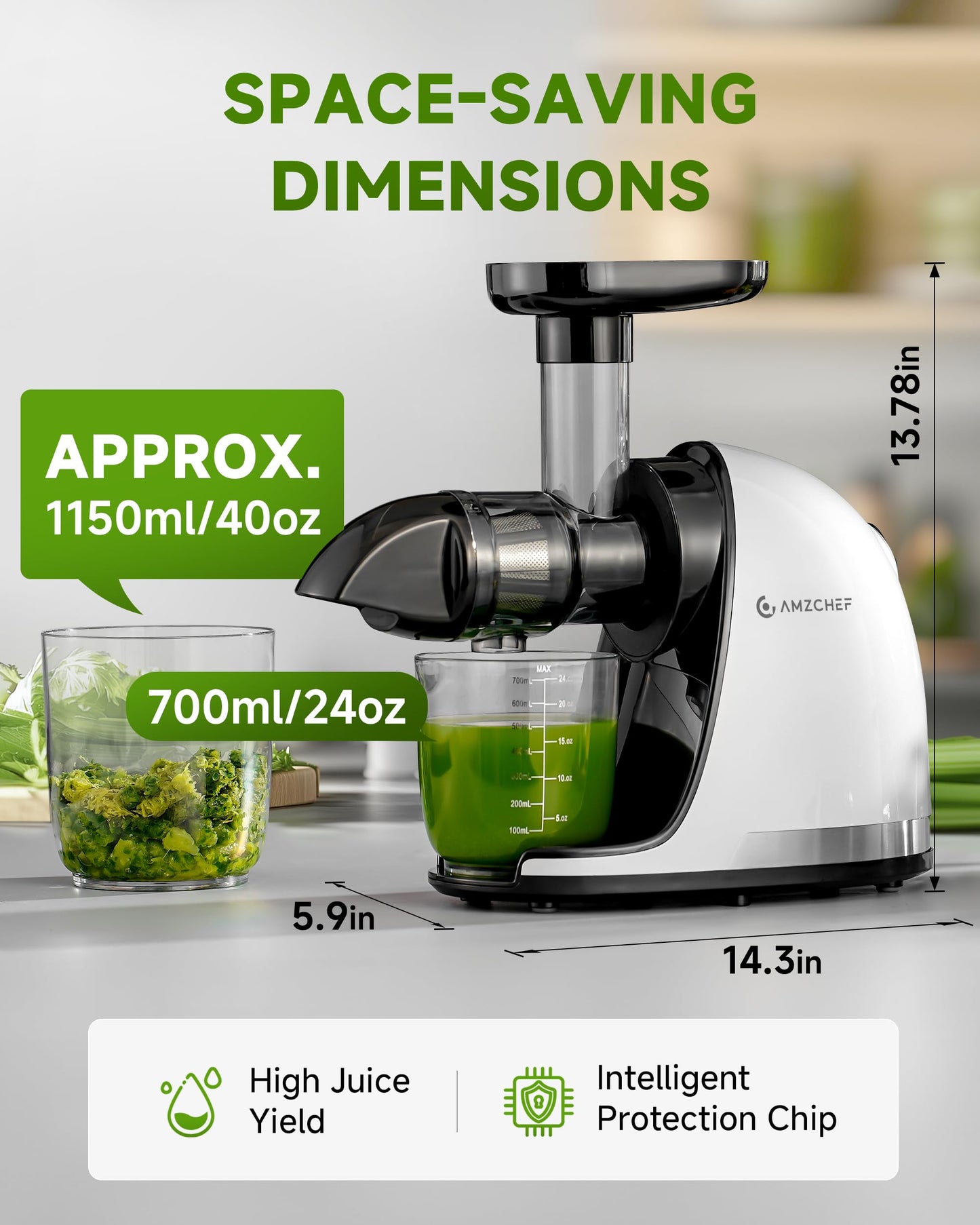 Juicer Machines - AMZCHEF Cold Press Masticating Juicer whole Fruit and Vegetable - Delicate Chew No Need to Filter - BPA Free Juice Extractor with 2 Cups and Brush- Pear White