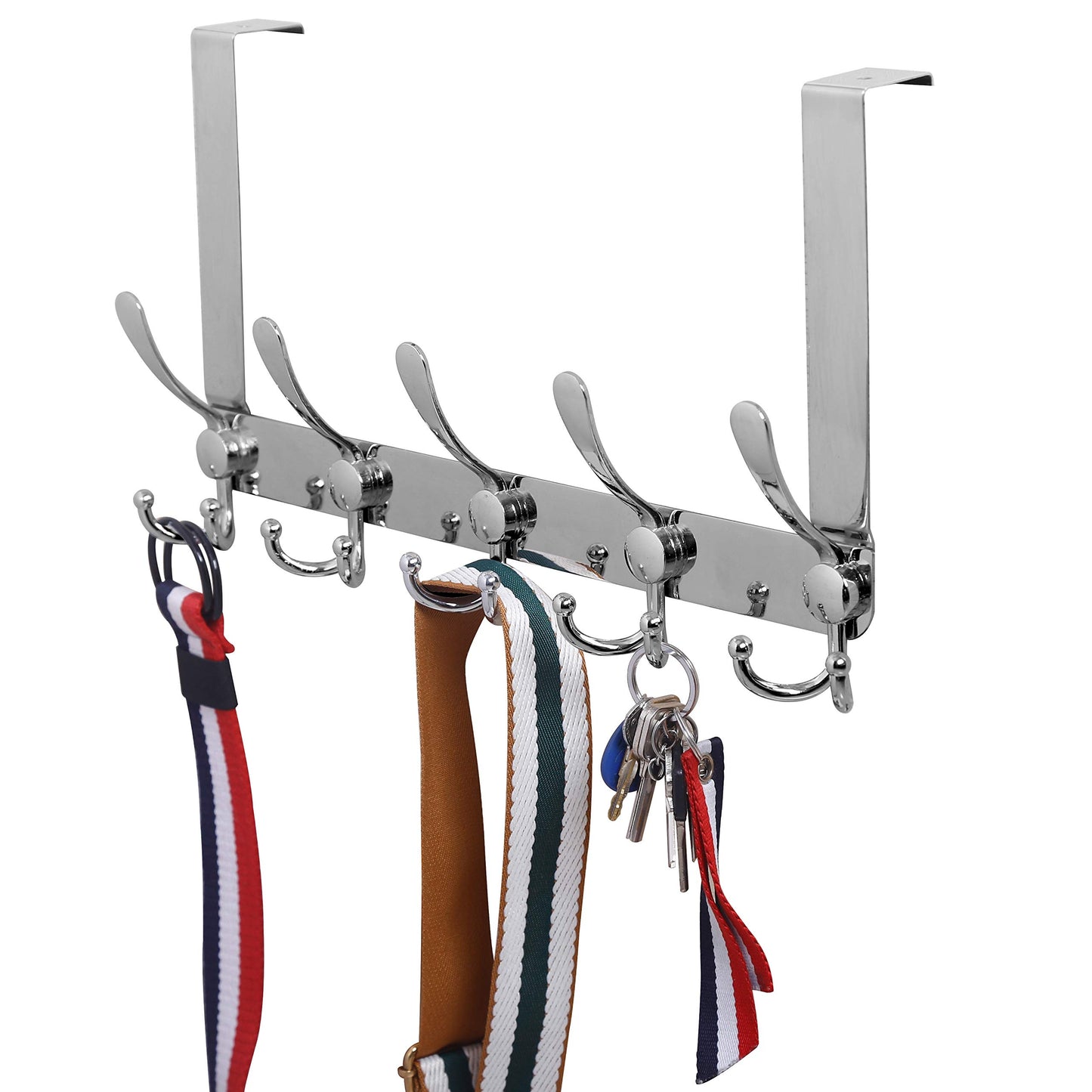 WEBI Over The Door Hook Door Hanger Hook Rack with 5 Tri Hooks for Hanging Coats, Over Door Towel Rack Door Coat Towel Hanger Over Door Coat Rack,Silver,2 Packs