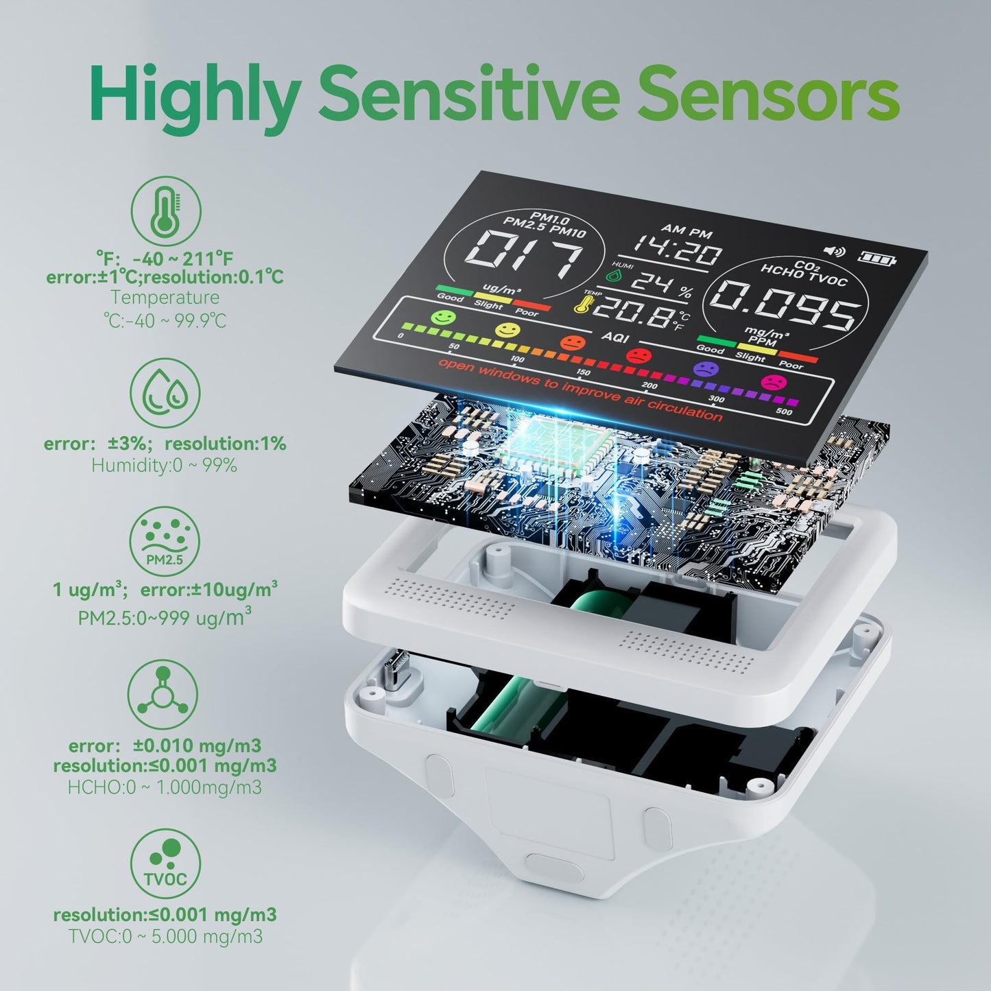 16 in 1 Air Quality Monitor Indoor with 7AQI & Alerts, Air Quality Meter for CO2, TVOC, PM1.0 PM2.5 PM10, HCHO, Temperature Humidity | AQI & Time | Air Detector for Home Office (White)