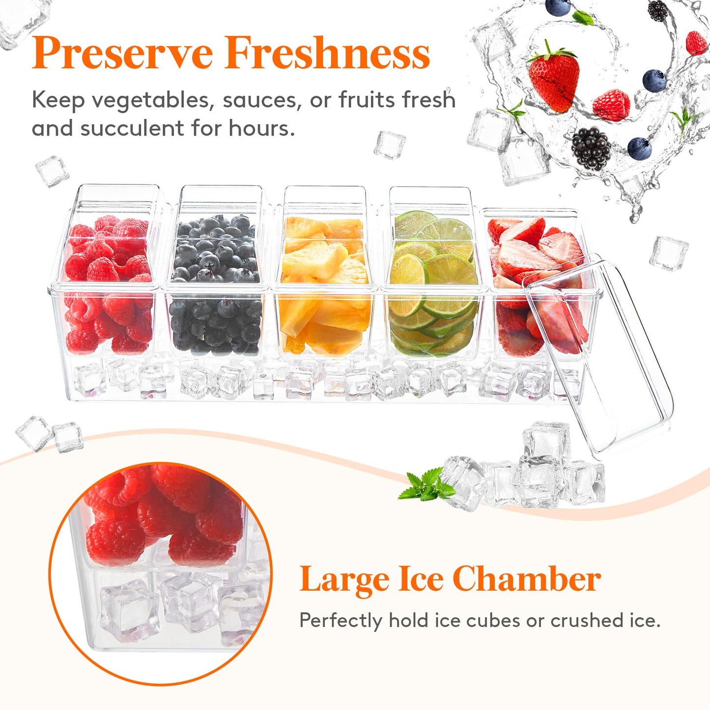 Lifewit 2 Pcs Ice Chilled Condiment Caddy with 5x20 oz Containers, Condiment Server with Separate Lid, Serving Tray Platter with Removable Dishes for Bar Fruit Salad Taco Party Garnish, 39 x13cm/15x5