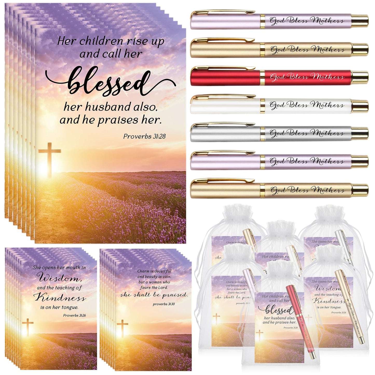 Spakon 50 Sets Mother's Day Church Gifts Bible Verse Notebooks Christian Pens with Organza Bags Religious Mother's Day Gifts for Mom