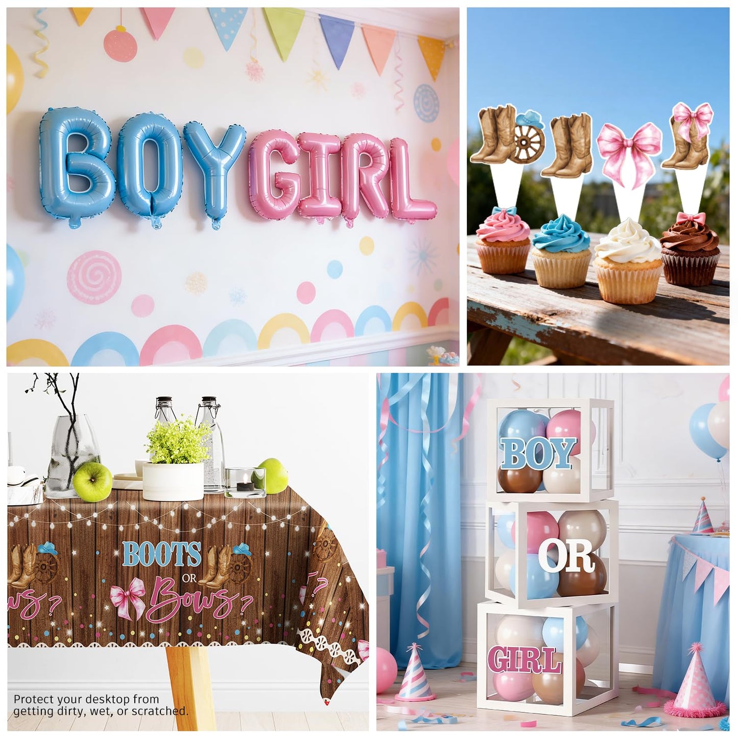 Cocomigo 299 Pcs Boots or Bows Gender Reveal Decorations, Complete Party Set Serves 25, Boots and Bows Gender Reveal Decorations with Plates, Tablecloths, Balloons, and Stickers