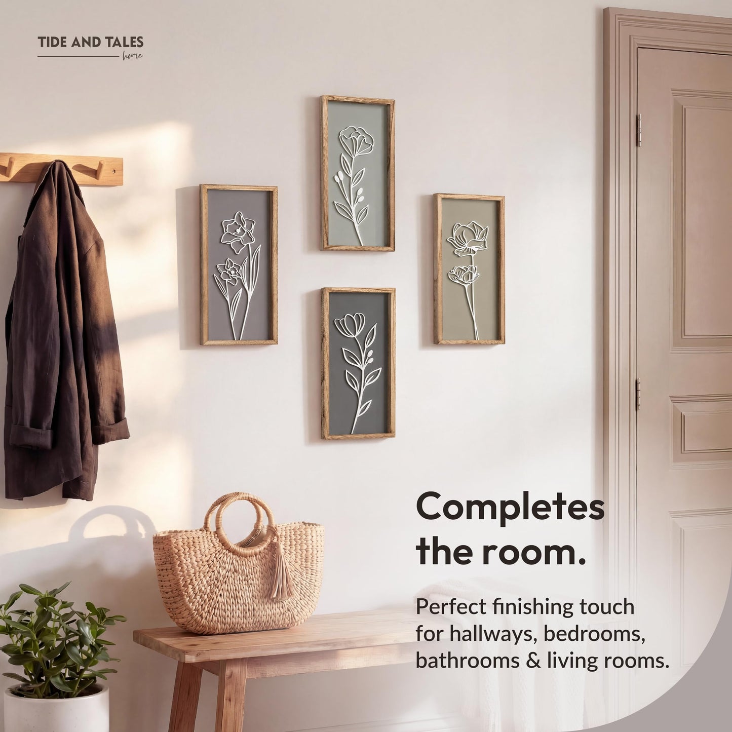 3D Wooden Floral Bathroom Wall Decor (Set of 4) Lightweight, Ready-to-Hang Framed Wall Art For Living Room, Bedroom, or Office - Premium Boho Botanical Farmhouse Decorations - Gift-Boxed