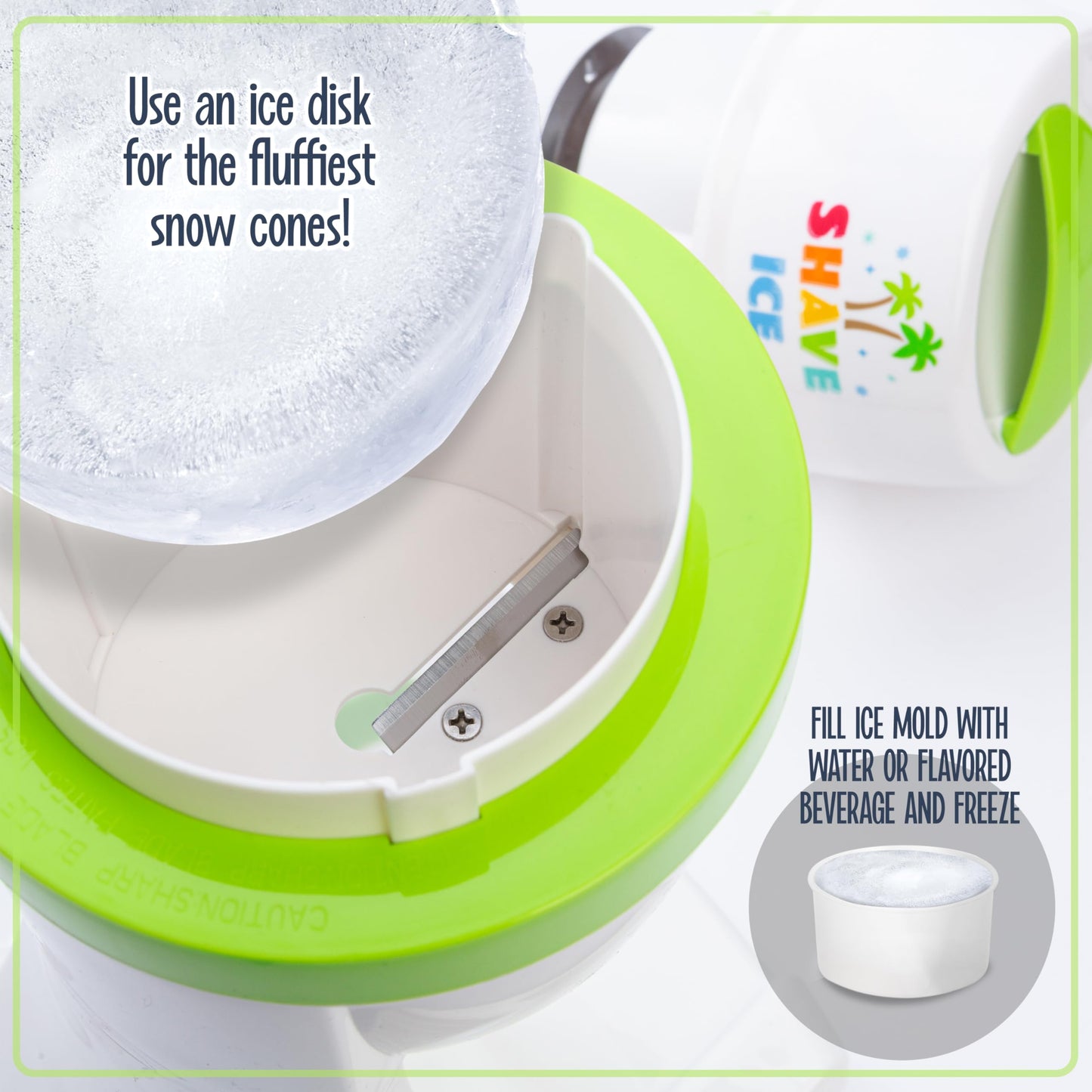 Nostalgia Snow Cone Machine With 1 Reusable Plastic Cup & Dual Ice Molds– Retro Table-Top Shaved Ice Maker with Stainless Steel Blades for Fluffy Ice- Slushie Machine for Fun Gatherings- White & Green