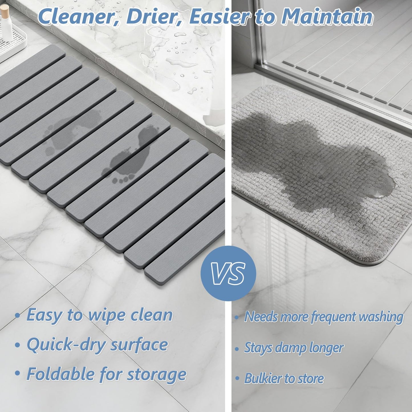 AWW Foldable Stone Bath Mat, Quick Dry Diatomaceous Earth Bath Mat with Non-Slip Mat, Super Absorbent, Easy to Clean, Compact for Small Bathrooms, 31.5 x 15.7, Grey
