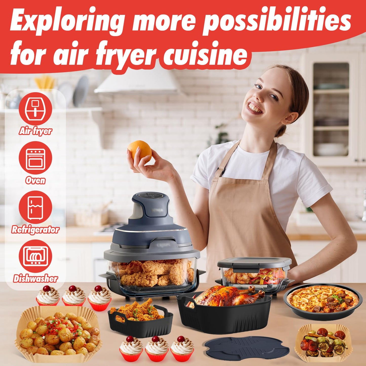Air Fryer Accessories for Ninja Crispi 4QT & 6-Cup Glass Containers FN101GY | FN101ST | FN101SG | FN103BF, 12 Piece Ninja Crispy Accessories Silicone Liners, Paper Liners Disposable, Trivet Mat