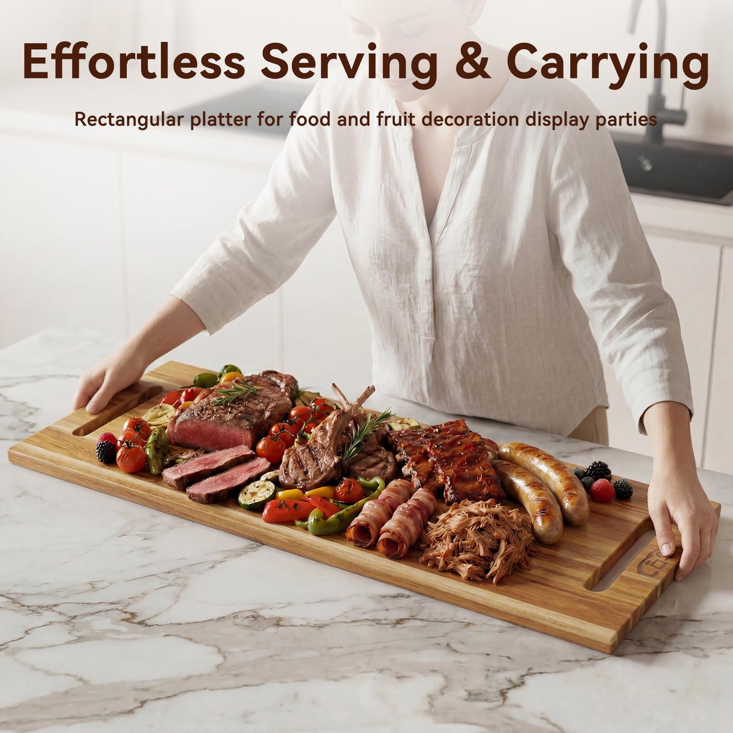 LDQ 36 x 11 Inch Extra Large Charcuterie Board, Acacia Wood Serving Board with Handles and 2 Stands, Rectangular Cheese Platter, Long Cutting Board and Serving Tray for Meat, Party Appetizers
