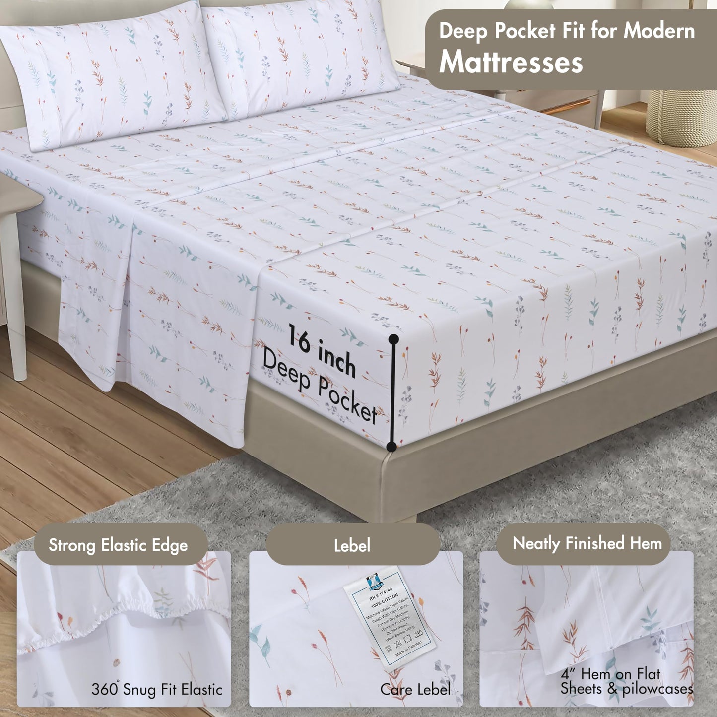 ZOYER 100% Cotton Percale Sheets Queen – Cooling Breathable Bed Sheets for Hot Sleepers, Crisp Hotel Style Bedding, Deep Pocket 16”, Lightweight Soft Durable 4 Pcs Sheet Set, Fairy Meadows