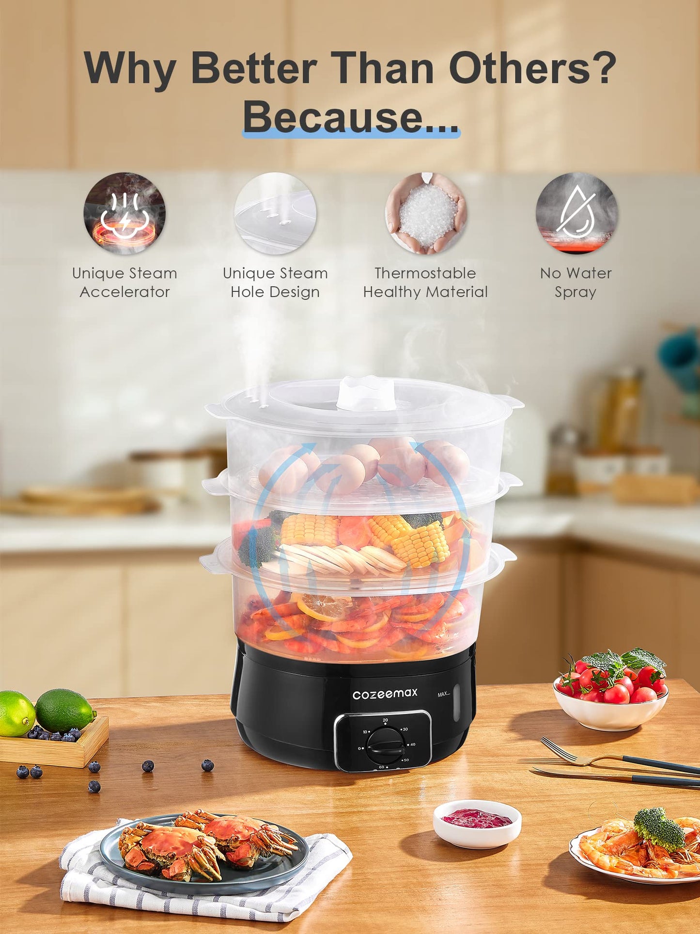 Cozeemax 3 Tier Electric Food Steamer for Cooking, 13.7QT Vegetable Steamer for Fast Simultaneous Cooking, Veggie Steamer, Food Steam Cooker, 60 Minute Timer, BPA Free Baskets, 800W(Black)