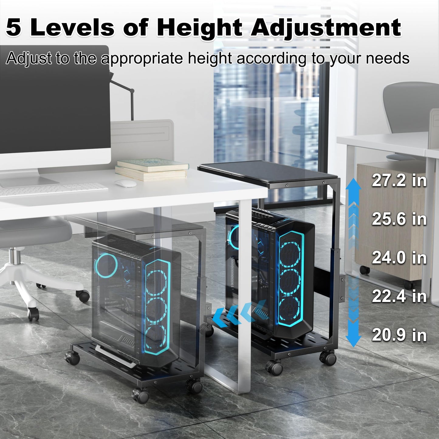 Aquzee PC Stand, Adjustable Computer Tower Stand on Wheels, Heavy Duty Metal Computer Case Cart with Power Strip, Under Desk Rolling PC Holder for Floor Carpet, Gaming Home Office Bedroom, Black
