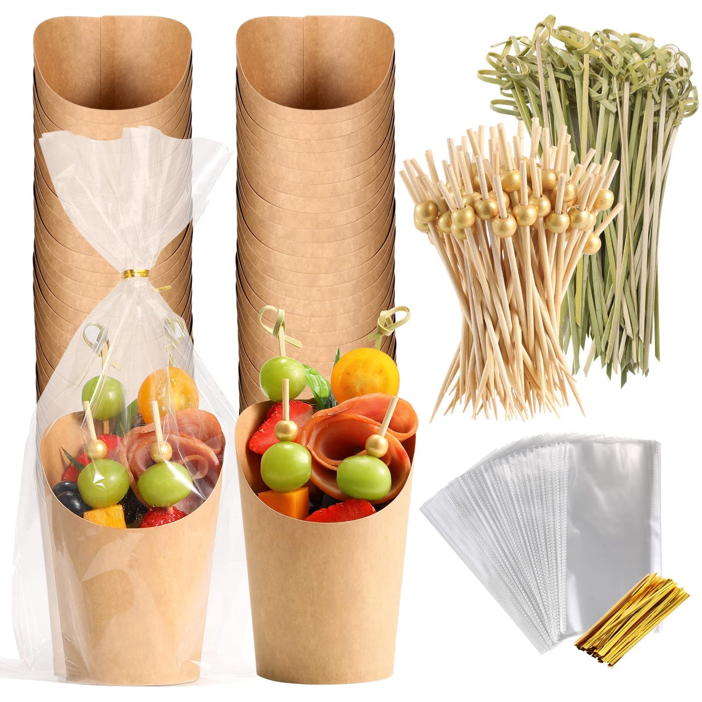 Disposable Charcuterie Cups 120 PCS with 200PCS Sticks and 120PCS Bags, 14 oz Kraft Paper Snack Boxes Appetizers Cup French Fry Holder with Cocktail Skewers Toothpicks Tooth Picks, Brown