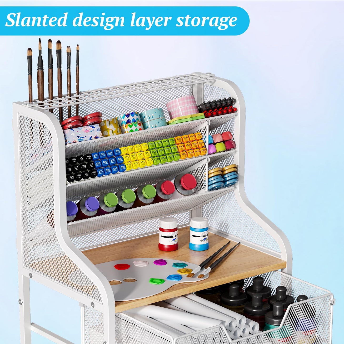 Small Utility Rolling Cart with Drawer, White Craft Organizer and Storage, Metal Craft Cart with Lockable Wheels, 6 Tiers Craft Storage Paint Organizer, Store for Brushes Paints Artifacts Small Parts