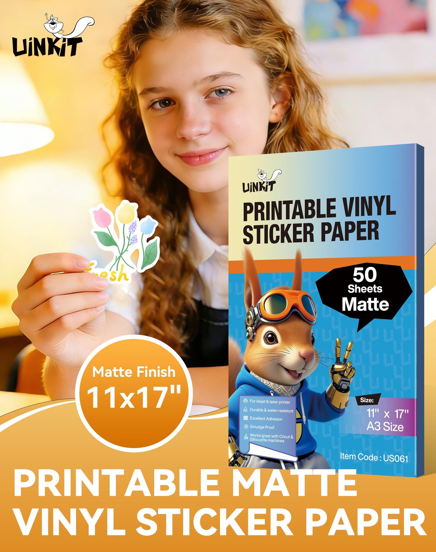 Uinkit Matte Sticker Paper 50 Sheets - Printable Vinyl Sticker Paper for Inkjet & Laser Printers, Waterproof Tear-Resistant Decals for Crafts, Labels & Small Projects (11"x17")