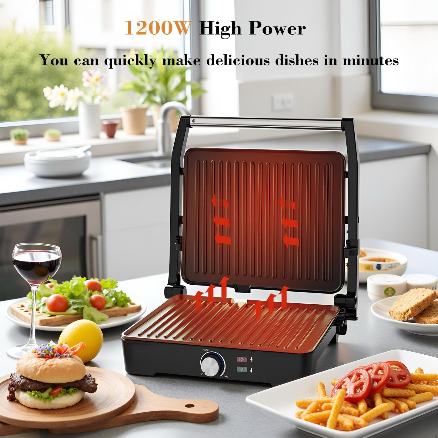 MUBENLIFE Panini Press,Sandwich Press Grill,180 Degree Open,Perfect for Grilling Sandwich,Steak,Burger,Non-Stick Grill,Table Grill,Stainless Steel,Temperature Adjustable,4 Slice,Barbecue,GT49A