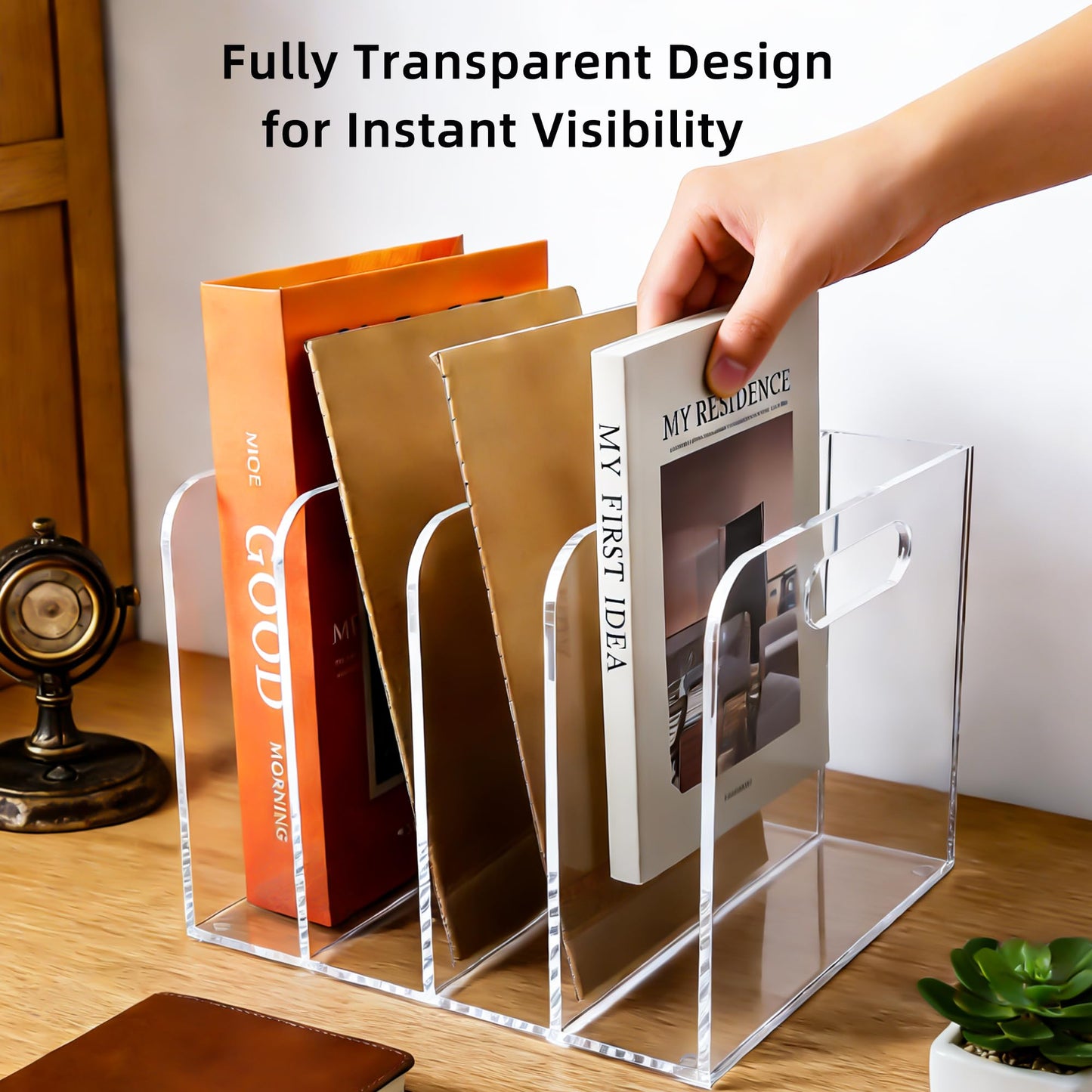 AIDIMOO 4 Vertical Compartments Clear Acrylic Magazine & File Holder – Multipurpose Desk Organizer for Office, Tablets, Magazines, Books – Documents/Home/Classroom Rack