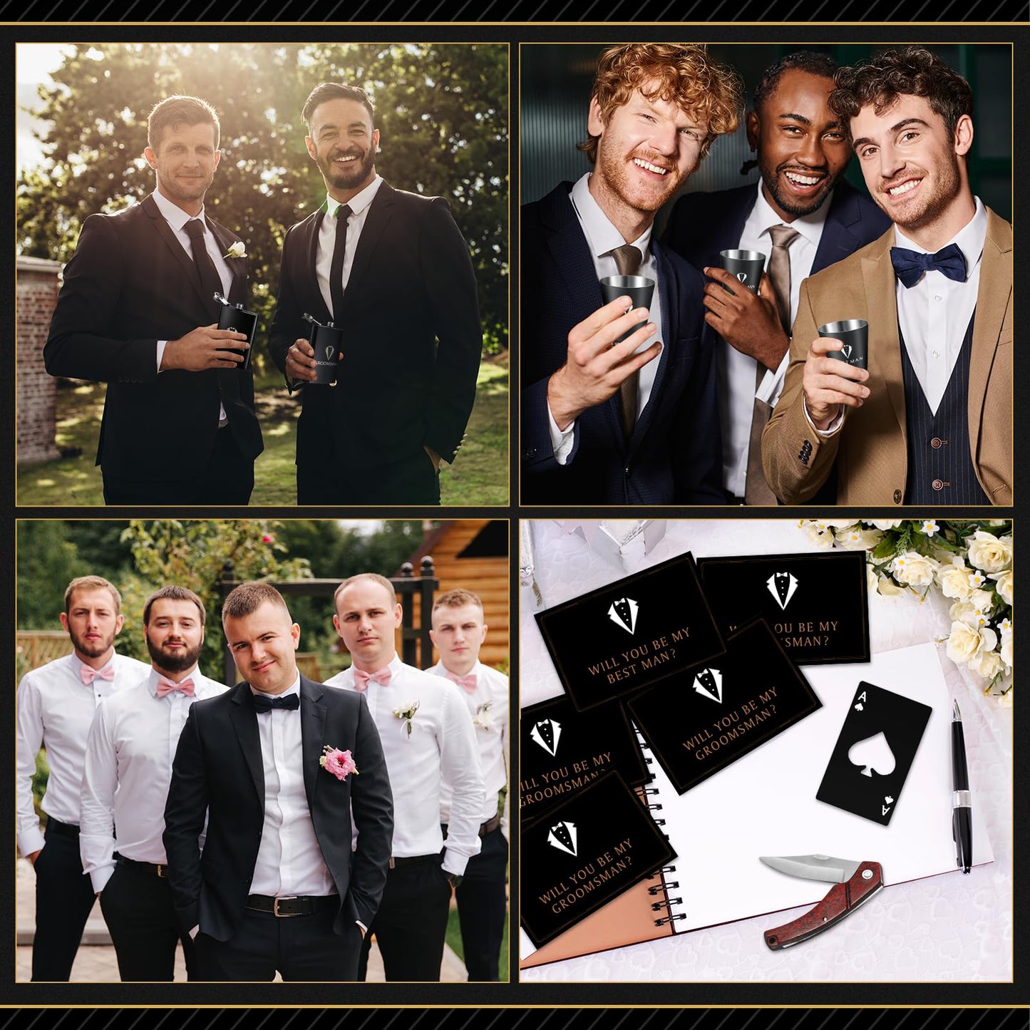 50Pcs Groomsmen Gifts Groomsmen Proposal Box with Flasks Sunglasses PU Leather Toiletry Bag Bottle Opener for Wedding Groomsman Best Man Gift (Black)