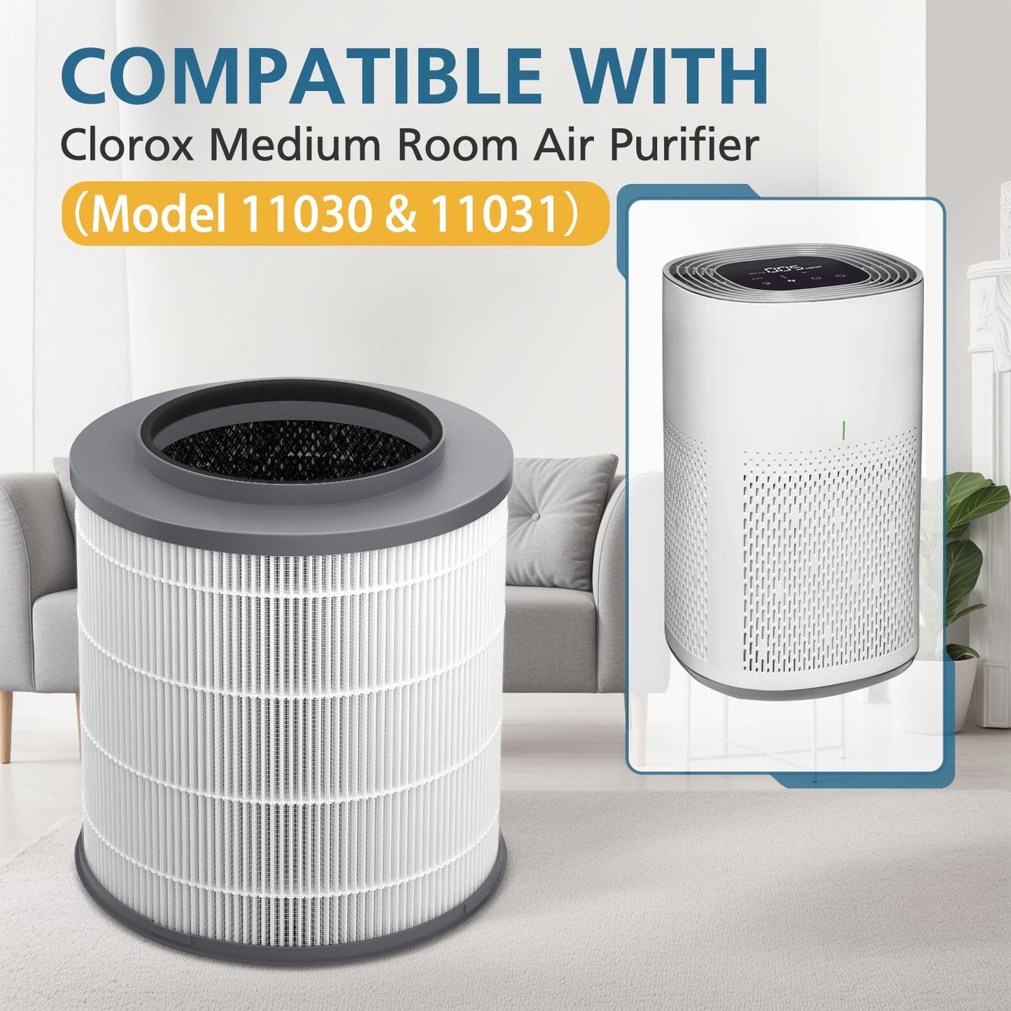 12030 Replacement Filter, Compatible with Clorox Medium Room HEPA Air Purifier 11030 & 11031, 1,000 Sq. Ft. Capacity, 3-in-1 HEPA Filter for Dust, Pet Dander, Pollen, #12030, 2-Pack