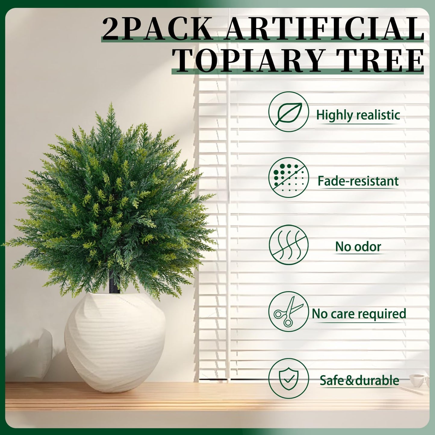 EverNature 2 Pack Artificial Cedar Topiary Trees with Ground Spike, Fake Pine Shrubs Bushes, UV Resistant Faux Evergreen Cypress Tree Plants for Indoor Outdoor Planters Front Porch