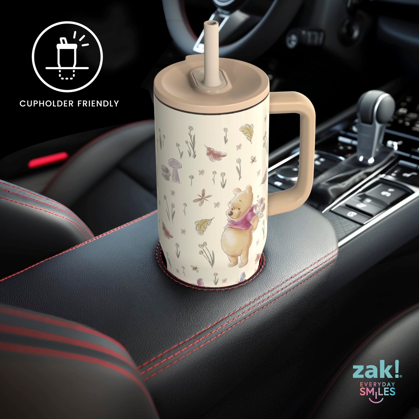 Zak Designs Disney Winnie the Pooh Sutton Travel Tumbler for On the Go, 30oz Stainless Steel with Vacuum Insulation, Silicone Straw, and Carry Handle for Cold Drinks (Pooh and Friends)